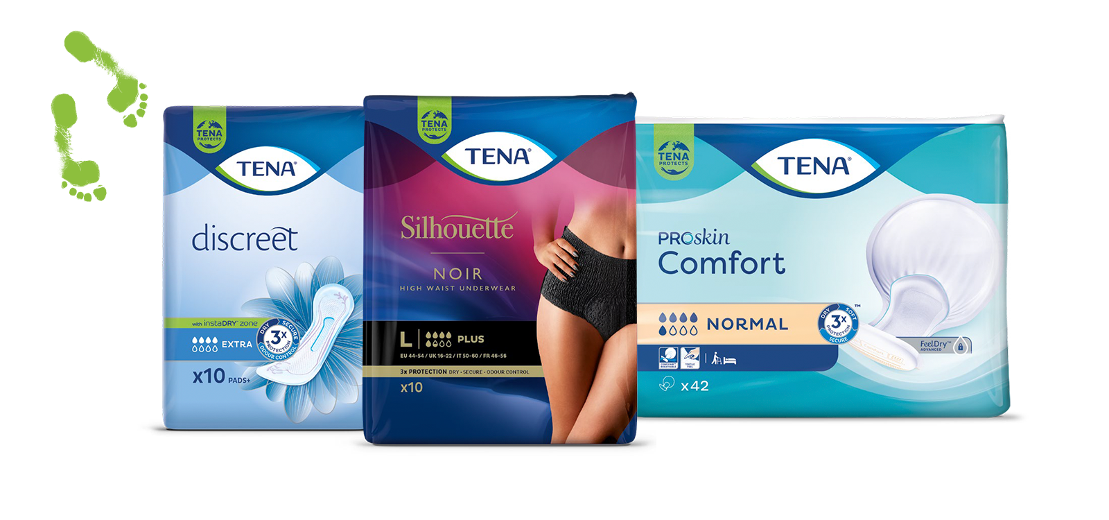 Product packages of TENA Discreet Extra, TENA Silhouette Noir, and TENA ProSkin Comfort  Product packages of TENA Discreet Extra, TENA Silhouette Noir, and TENA ProSkin Comfort